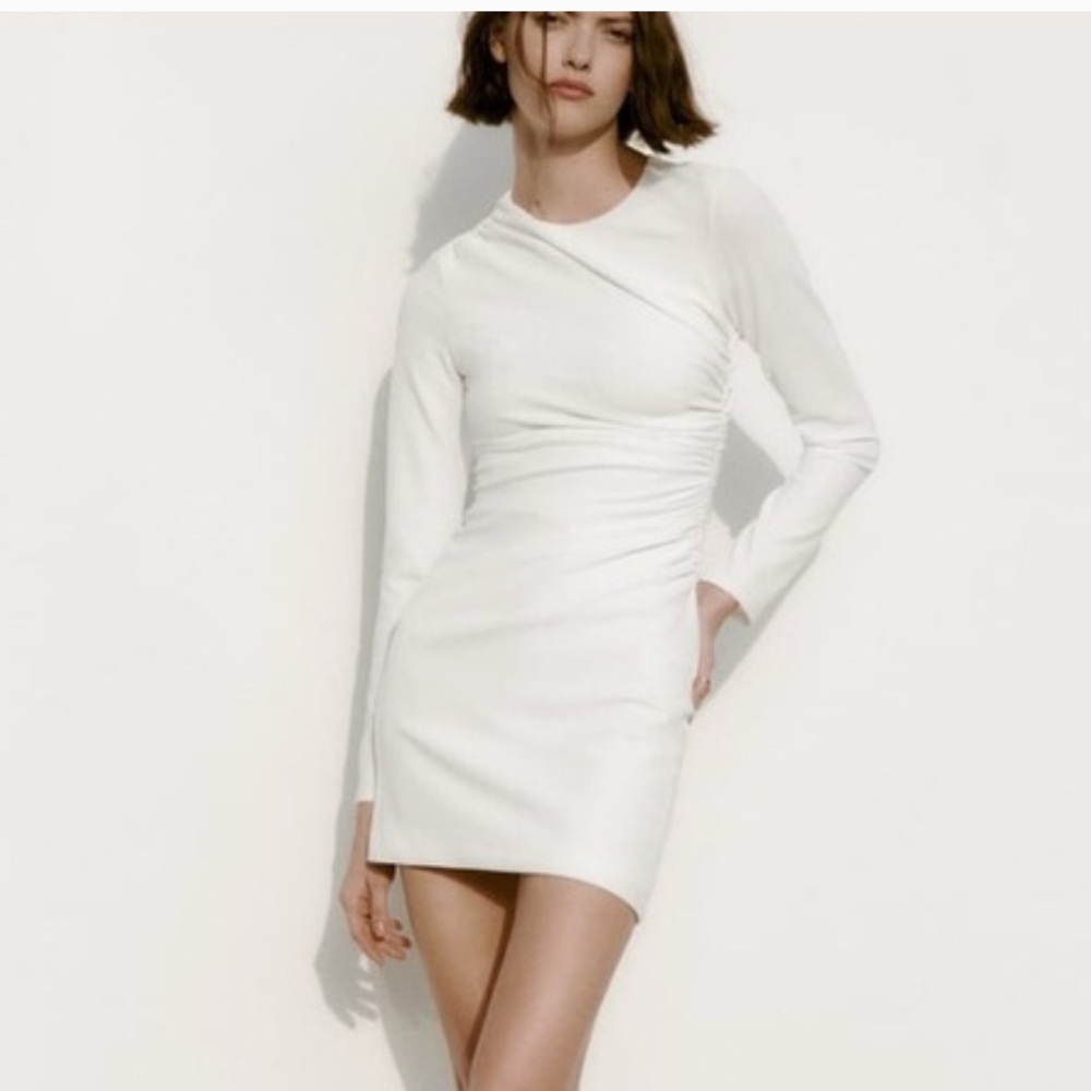 ZARA Cream Long-Sleeve Ruched Side Dress